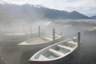 Port with Boats in the Fog with Mountain in Ascona