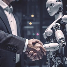 Manager shakes the hand of a robot