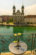 City of Lucerne with River and Church Jesuitenkirche in a Sunny Day in Switzerland