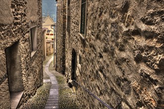 Narrow Street with Cobblestone and Old Rustic House in Ronco sopra Ascona in Ticino