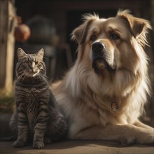 Dog and cat sit peacefully next to each other