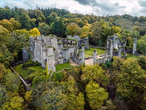 Autumn over Berry Pomeroy Castle from a drone