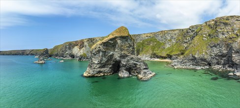 Aerial panorama of the Bedruthan Steps cliff formation