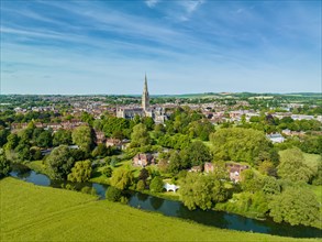 Aerial view of the city of Salisbury with Salisbury Cathedral and the River Avon