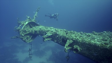 Scuba diver swim next to mast of ferry Salem Express shipwreck