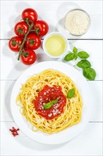 Spaghetti eat Italian pasta lunch dish with tomato sauce from above in Stuttgart