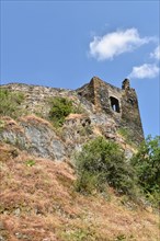 View of the hilltop castle Schmidtburg built in the 9th century in the Hahnenbach valley near Schneppenbach in Hunsrueck