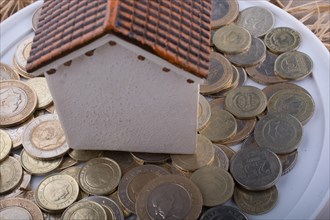 Turkish Lira coins by the side of a model house on white background