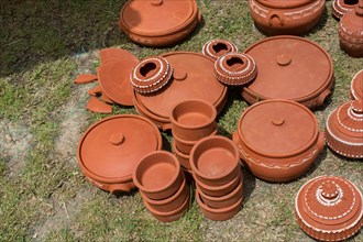 Traditional clay pottery for sale at the market