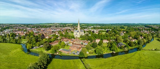 Aerial panorama of the city of Salisbury with Salisbury Cathedral and the River Avon