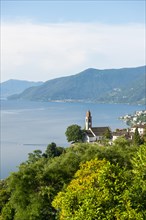 Panoramic View over Church and Alpine Lake Maggiore with Mountain in Ronco sopra Ascona
