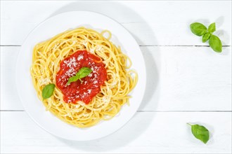 Spaghetti eat Italian pasta lunch dish with tomato sauce from above with copy space Copyspace in Stuttgart