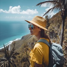 Two women hiking with sun hats on a tropical island