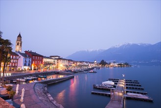 Ascona Village with Mountain and Alpine Lake Maggiore in Dusk in Ticino