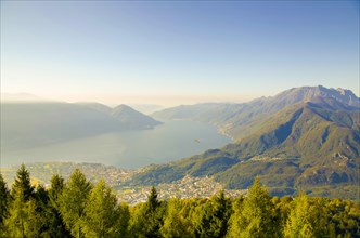 Panoramic View over Mountain and Alpine Lake Maggiore with Brissago Islands in Ticino