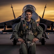 Young proud pilot stands in front of his F 14 fighter plane