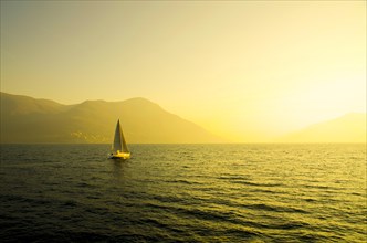 Sailing Boat on an Alpine Lake Maggiore with Mountain and Sunlight in Ticino