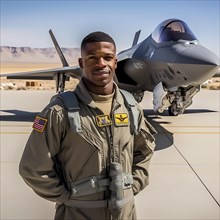 Young proud pilot stands in front of his F 35 fighter plane