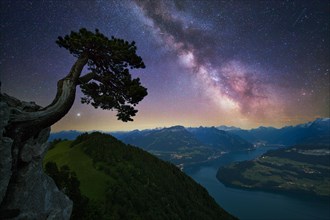 Starry sky with Milky Way over Lake Uri and Central Swiss Pre-Alps