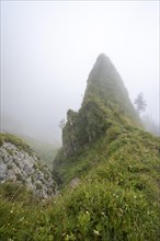 Steep grassy mountains in the fog during the ascent to Marwes