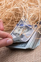 Banknote bundle of US dollar in a straw pile on canvas