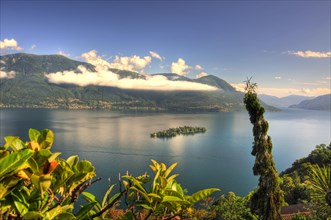 Alpine Lake with Brissago Islands and Mountain in Ticino