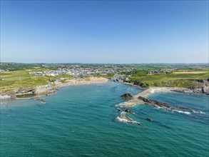 Aerial view of the coastline of Bude Bay with the Bude Sea Pool and Summerleaze Beach