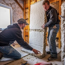 Craftsmen insulate a house with insulating material