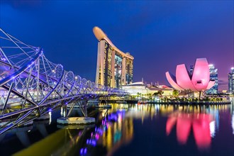 Marina Bay Skyline and Helix Bridge in the evening in Singapore