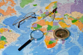 On a map of the world there is a magnifying glass