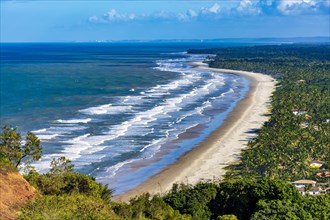 Panoramic top view of the beaches of Sargi and Pe de Serra with their coconut trees in Serra Grande on the south coast of the state of Bahia