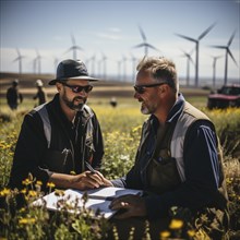 An architect and an engineer plan and inspect a wind farm