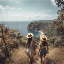 Two women hiking with sun hats on a tropical island
