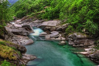 River and Rocks in Long Exposure in Valley Verzasca in Ticino