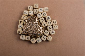 Metal Love icon and Letter cubes of made of wood