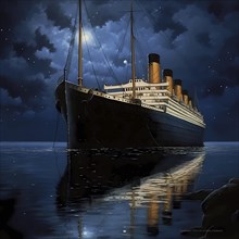 Journey of the Titanic in the Atlantic on a starry night and calm sea