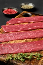 Closeup view of thin raw beef strips