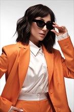 Spectacular beautiful woman in a trendy orange suit with classic make-up. Beauty face. Photo taken in the studio on a white background