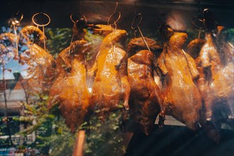 Vietnamese roasted ducks called Vit quay displayed behind a glass covered street food stall in Hanoi