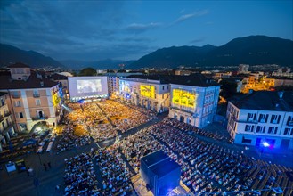 Aerial View over City Square of Locarno in Dusk and Film Festival in Ticino
