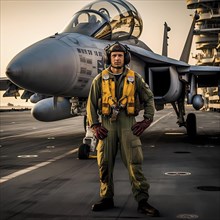 Young proud pilot stands in front of his F 14 fighter plane