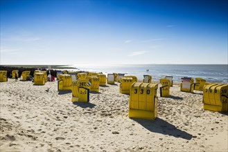 Yellow beach chairs and mudflats