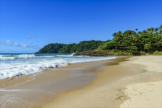 Tiririca beach in Itacare on the coast of Bahia and surrounded by tropical forest and rocks on a sunny summer day