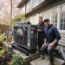 Cheerful homeowner and engineer rejoice in installing new heating system