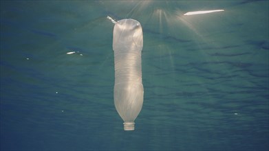 Disposable plastic bottle drift under surface of water in bright sunrays. A plastic bottle is thrown into the sea slowly drifts in water column in rays of morning sun