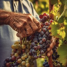 Vineyard farmer holds harvested wine in hands