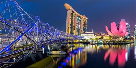 Marina Bay Skyline and Helix Bridge Panorama in the Evening in Singapore