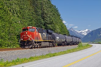 Locomotive and wagons of a long goods train next to a road