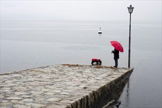 Woman with Her Dog and an Umbrella with Raincoat Standing on a Pier in Switzerland