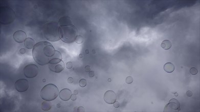 Soap bubbles are flying on gray cloudy sky background